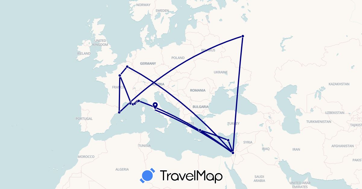 TravelMap itinerary: driving in Belgium, Cyprus, Spain, France, Greece, Israel, Italy, Monaco, Russia (Asia, Europe)